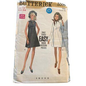 Butterick Misses Size 12 Sewing Pattern A-Line Dress V Neckline1960s Vtg Cut